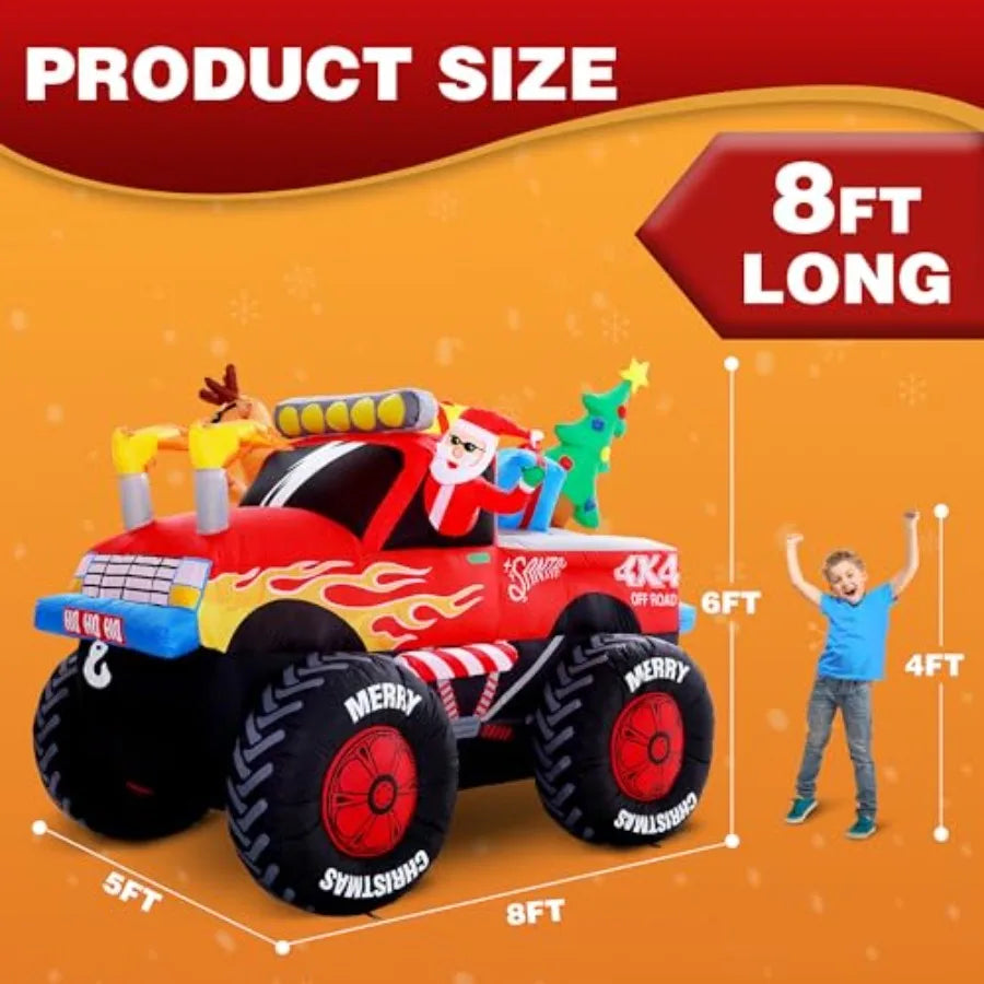 8 FT Long Santa in Monster Truck Christmas Inflatables Outdoor Decorations Christmas Blow Up Santa Claus Yard Decorations for G