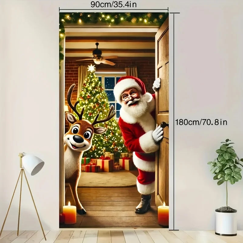 Winter Santa Claus Christmas Deer Door Cover Decoration Hanging Door Banner Winter Cute Outdoor Xmas Backdrop Christmas