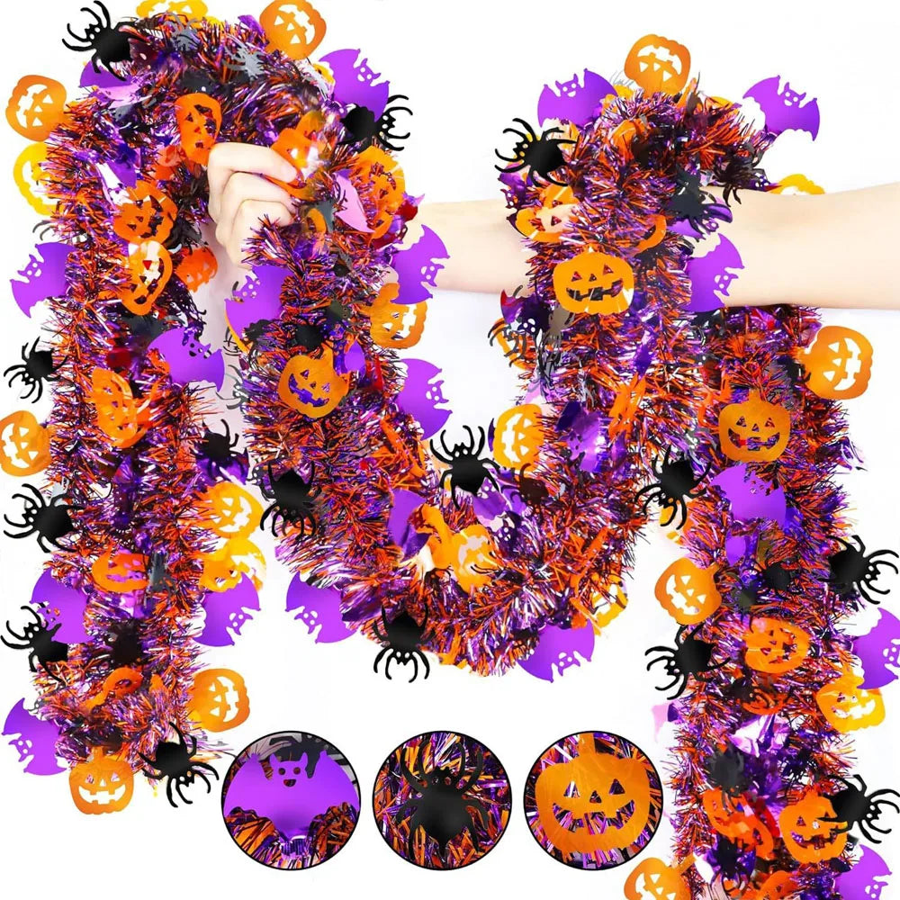 2m Halloween Wreath Pendant  Bat Pumpkin Glitter Plastic Halloween Door Hanging for Home Garden Decoration Halloween Decoration