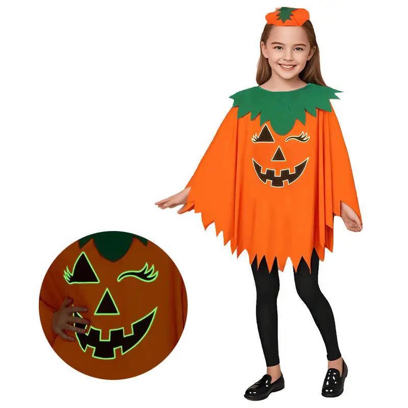 2PCS Halloween Pumpkin Costume for Women Girls Glow in the Dark Pumpkin Poncho with Headwear Unisex Party Clothes