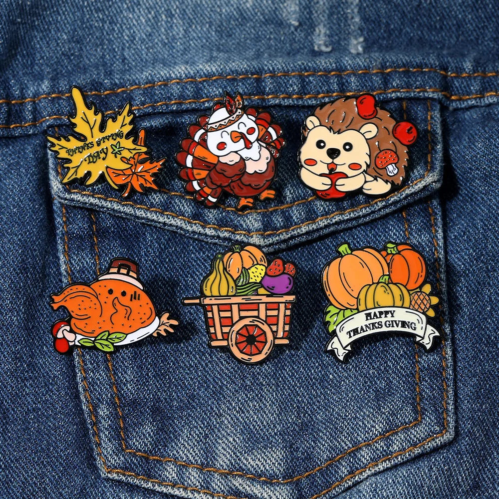 Cute Cartoon Thanksgiving Enamel Brooch Creative Animal Hedgehog Pumpkin Turkey Lapel Pin Badge Backpack Clothing Accessories