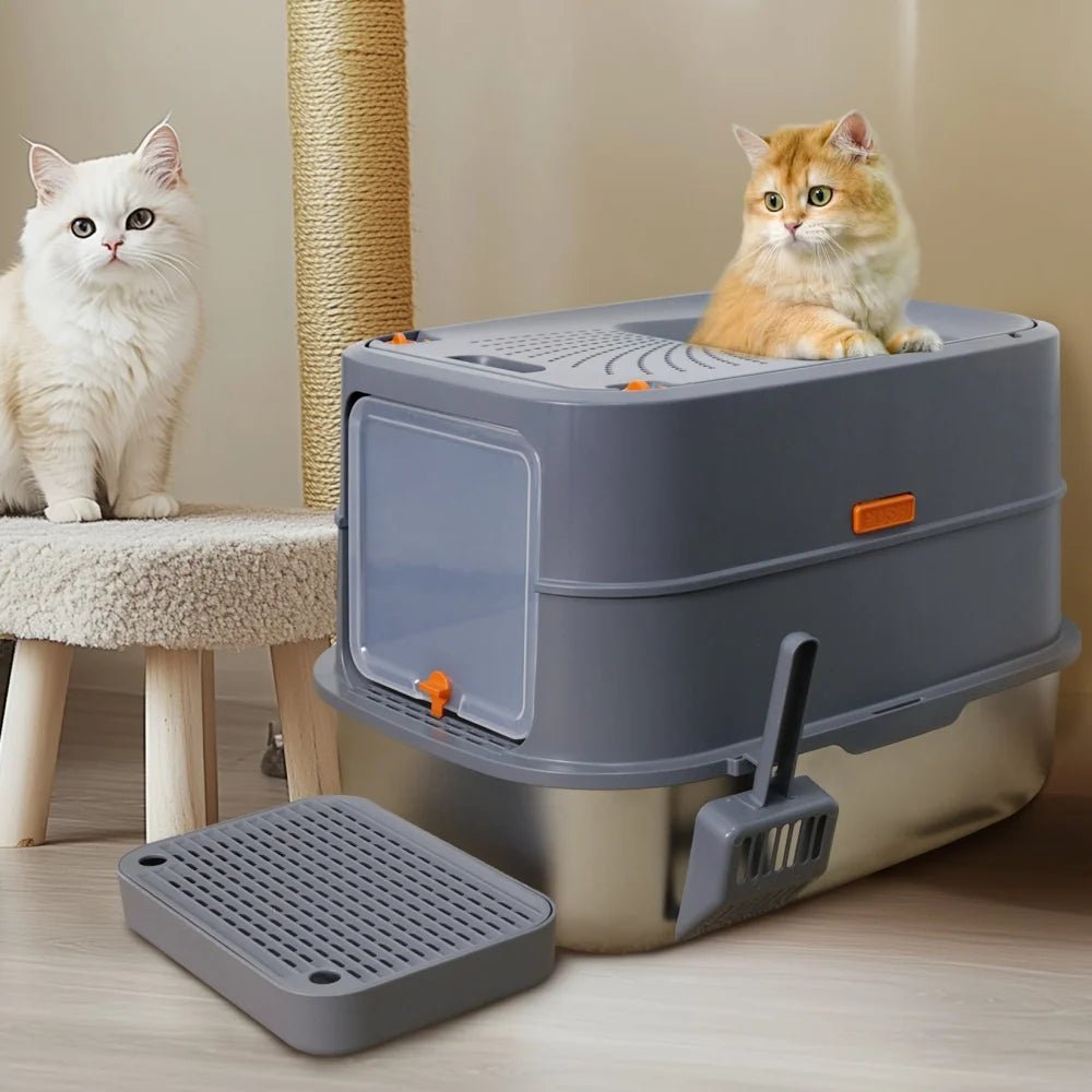 Extra Large Stainless Steel Cat Litter Box Full Enclosed Cat Litter Tray Pan High Sided Enclosure Removable Lid with Scoop