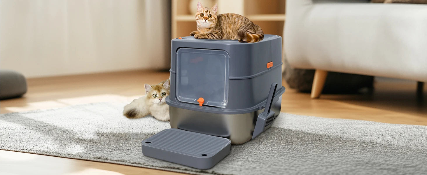 Extra Large Stainless Steel Cat Litter Box Full Enclosed Cat Litter Tray Pan High Sided Enclosure Removable Lid with Scoop