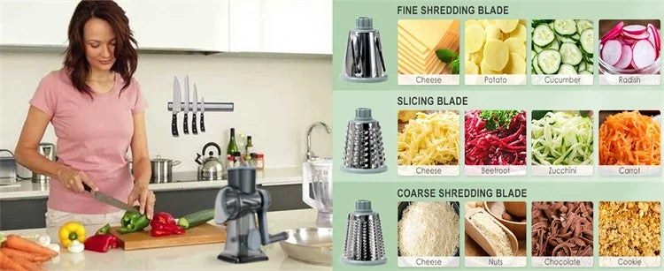 3-in-1 Rotary Cheese/Vegetable Grater & Nut Grinder, Manual Kitchen Slicer with Clear Container for Peanut/Food Prep