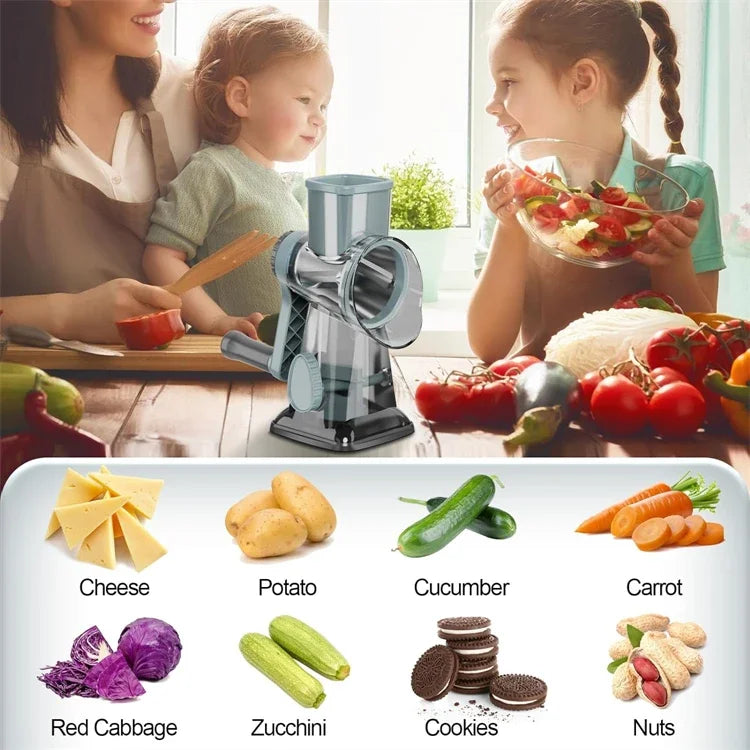 3-in-1 Rotary Cheese/Vegetable Grater & Nut Grinder, Manual Kitchen Slicer with Clear Container for Peanut/Food Prep