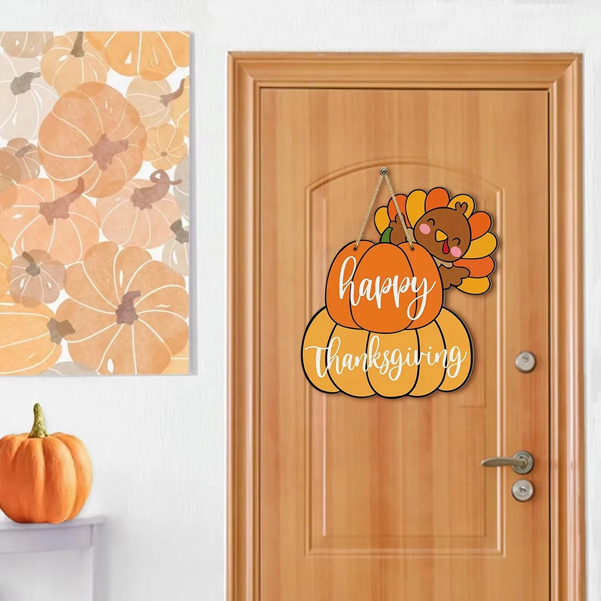 Thanksgiving Decorations Pumpkin Cute Wooden Sign with Turkey and Pumpkins - 