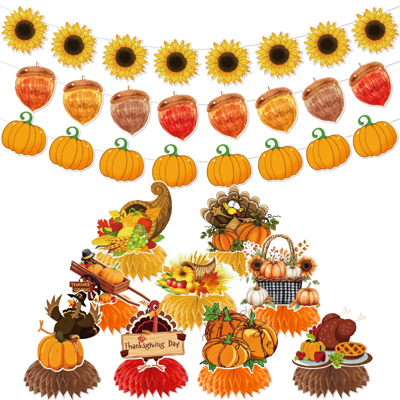 Paper Autumn Theme Flag String Thanksgiving Maple Leaf Pumpkin Banner Letters To Pull Flag Birthday Party Setup Happy Birthday