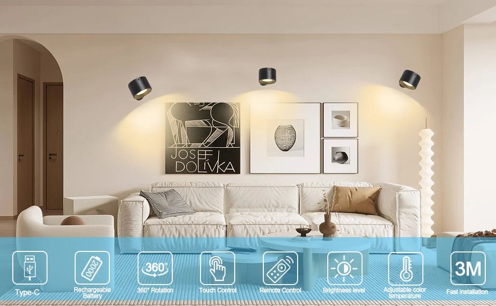 Led 2 in 1 Wall Lights Touch Control 2000mah Battery Usb Recharge 360° Rotatable Wireless Portable  Bedroom Reading Night Lamp