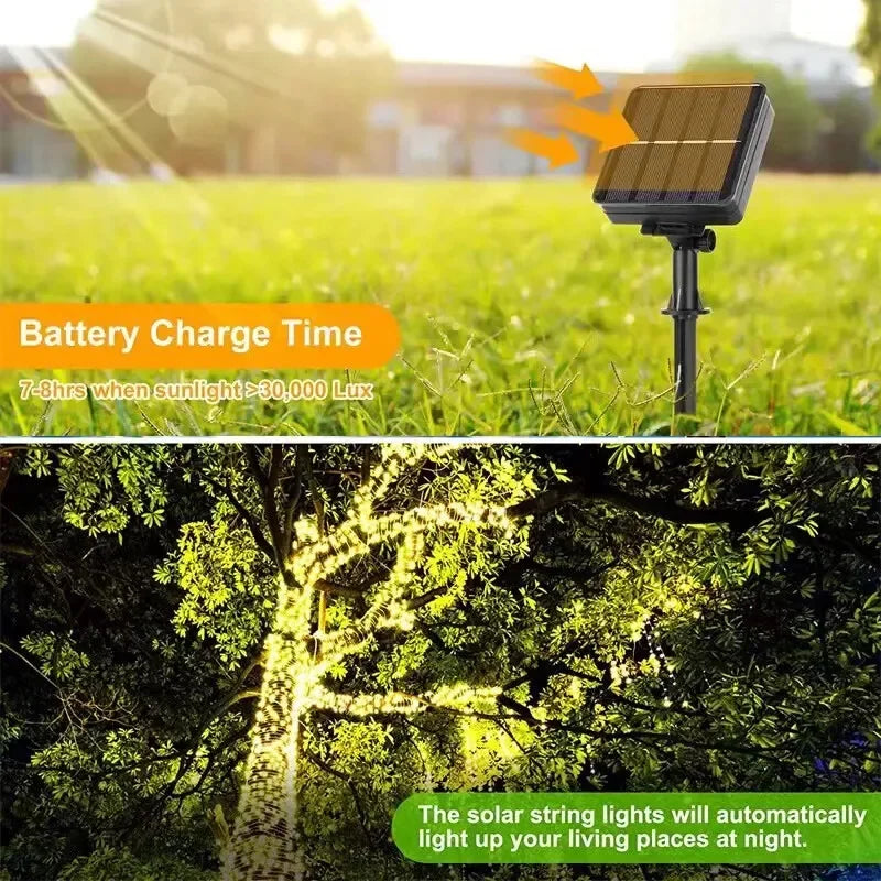 100LEDS Solar Fairy Lights 8Modes Copper Wire Xmas Lamps Waterproof Garden Tree Decoration