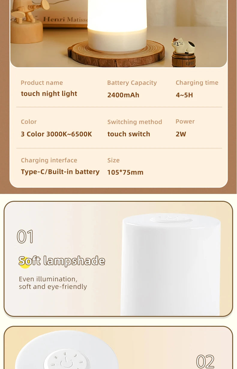 Kids Night Light Led Touch Sensor Light Stepless Dimmable Beside Lamp USB Charging Table Lamp Baby Night Lamp for The Bedroom