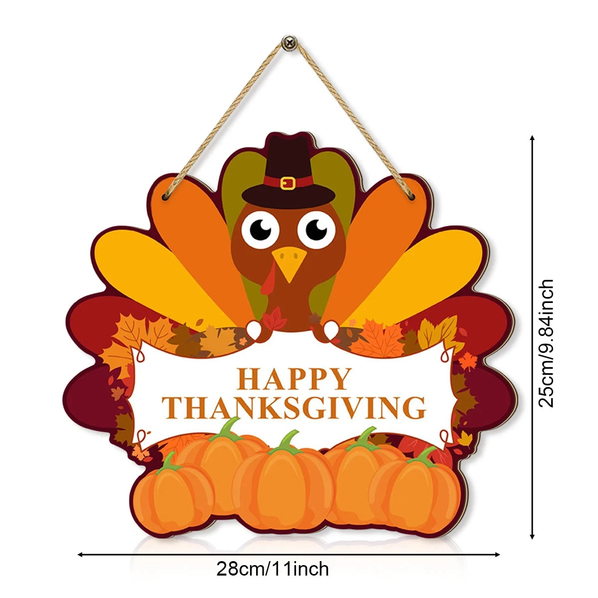 Thanksgiving themed wooden hanging sign decoration with cute turkey, pumpkin , Happy Thanksgiving message wood board sign