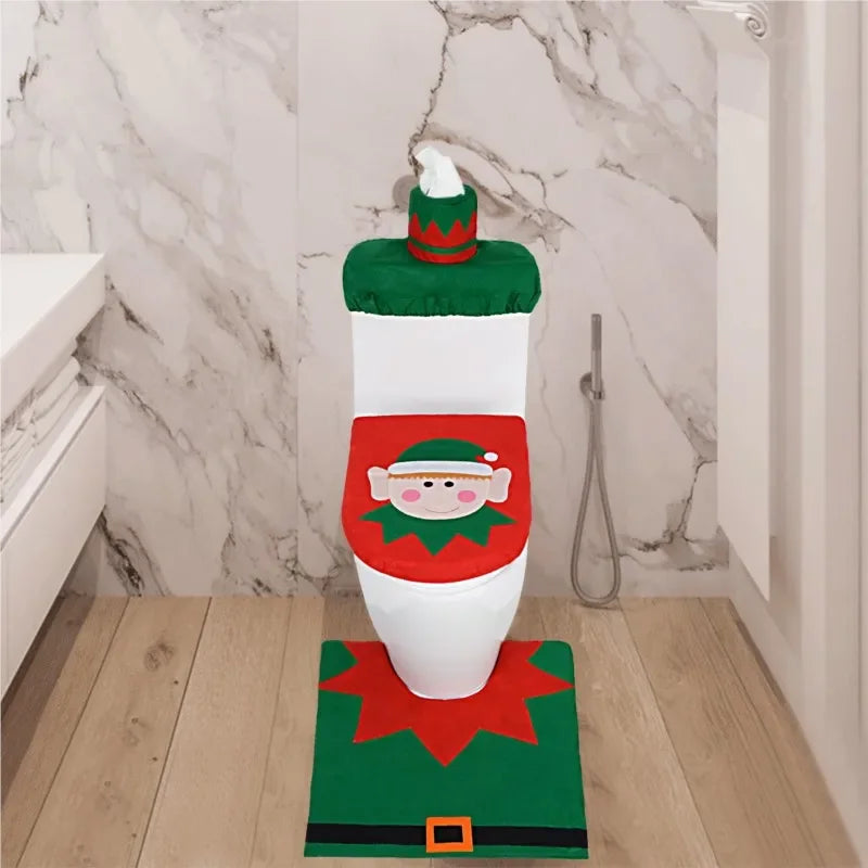 3PCS Christmas Bathroom Decoration Christmas Indoor Home Decor Toilet Set with Toilet Seat Cover,Tank Cover Cover and Rugs Set