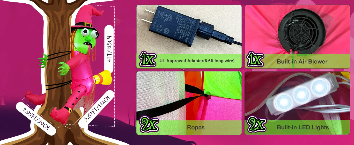 OurWarm Pink 4FT Halloween Inflatables Witch Outdoor Decor, Funny Blow Ups Witch Crashing into Tree,for Tree, Yard, Door, Window