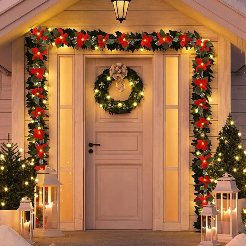 2M10LED Christmas Garland Lighting Strings Artificial Red Flowers Holly Leaves  for Home 2024 Xmas Ornament New Year Gifts 2025