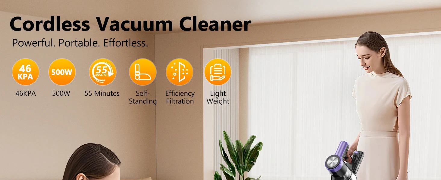500W/46KPA Self-Standing Cordless Vacuum Cleaner,60 Mins Handheld Vacuum Cleaners,Smart LED Screen Vacuum for Carpet/Pet Hair
