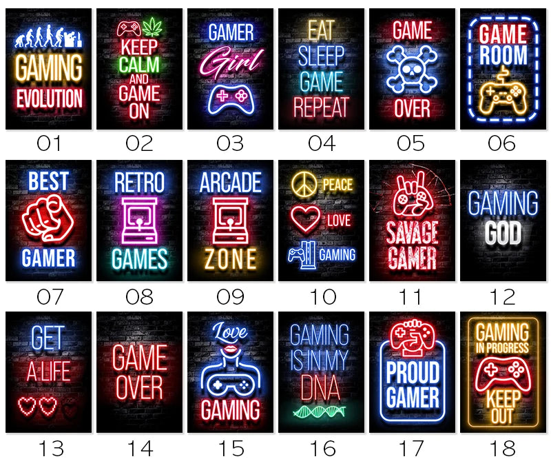 Motivational Neon Effect Game Slogan Pictures Flat Printed on Canvas Wall Posters and Paintings for Game Room Decor Gamers’ Gift