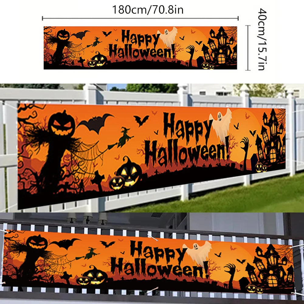 Halloween Theme Party 1.8m Banner Pumpkin Bat Ghost Pattern Happy Halloween Banner Outdoor Yard Decor Supplies