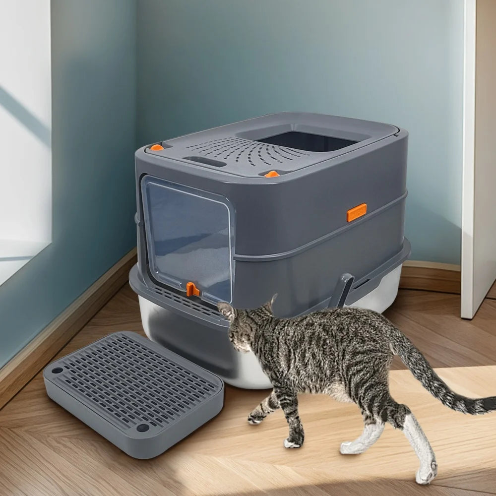 Extra Large Stainless Steel Cat Litter Box Full Enclosed Cat Litter Tray Pan High Sided Enclosure Removable Lid with Scoop