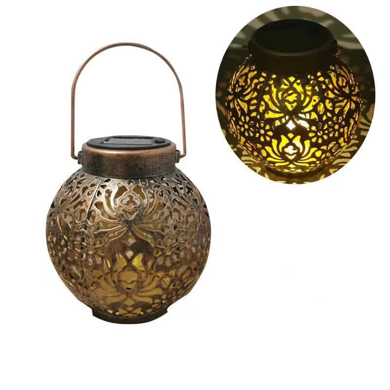 Retro solar LED hollow waterproof wrought iron chandelier is suitable for outdoor garden terrace landscape light decoration