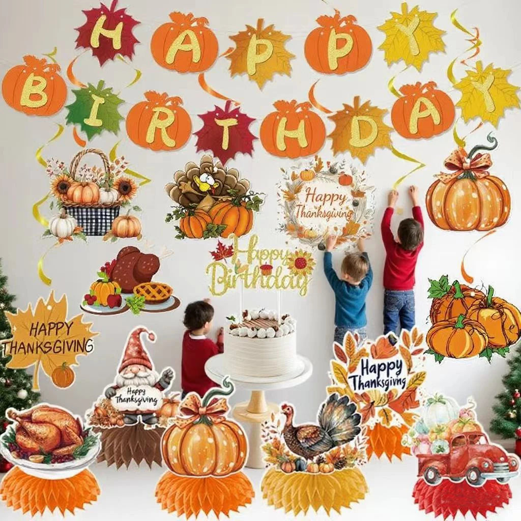 Paper Autumn Theme Flag String Thanksgiving Maple Leaf Pumpkin Banner Letters To Pull Flag Birthday Party Setup Happy Birthday