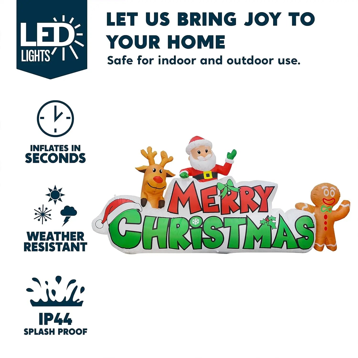 JOYFY 9.5 FT Christmas Inflatable Merry Christmas Sign with Santa Reindeer & Gingerman for Outdoor Yard Decor