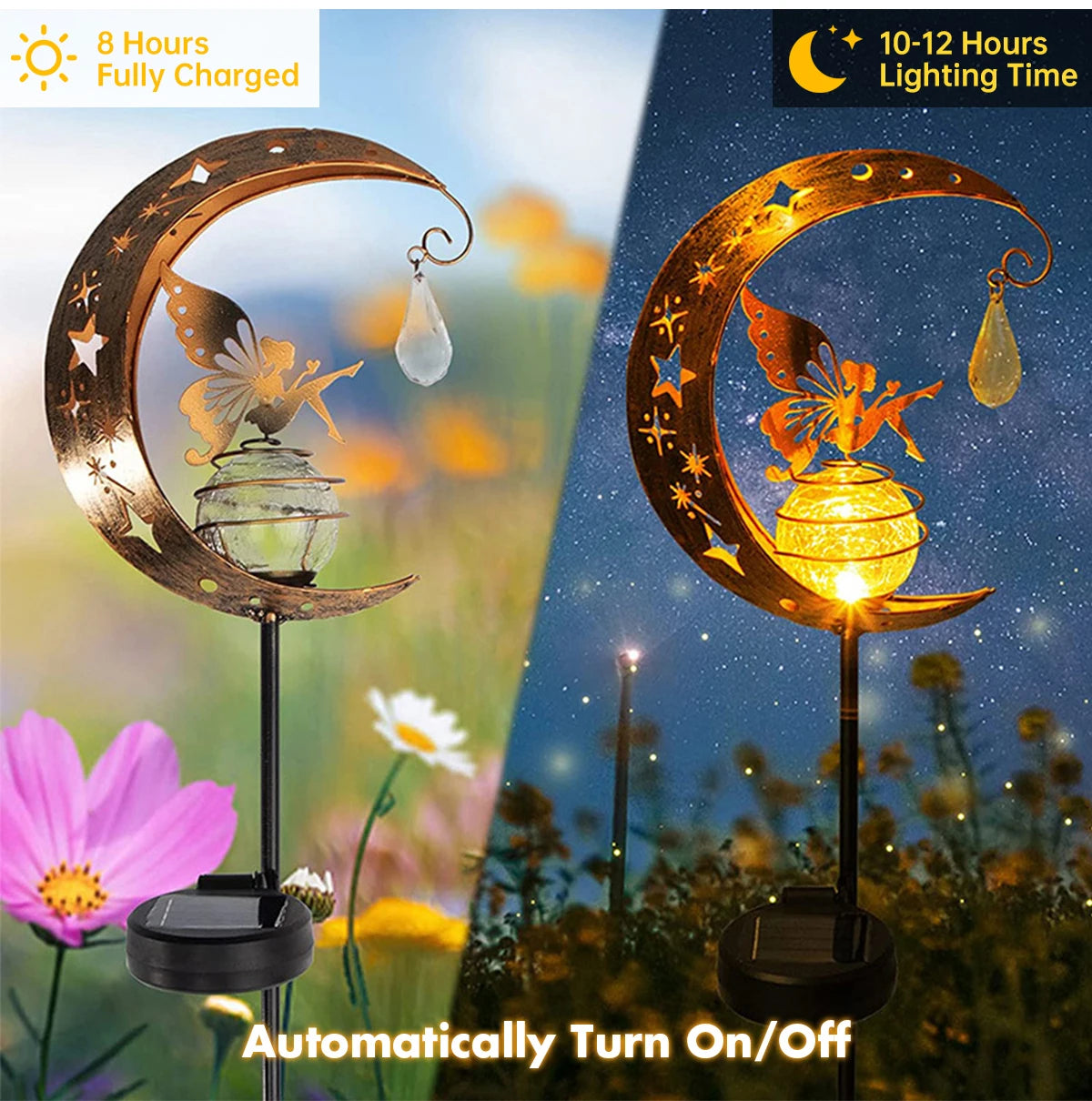 Solar Decroation Light Moon Fairy Lamp Outdoor Garden Crackle Glass Globe with Angel Pathway Stake Light Solar Grdound Light