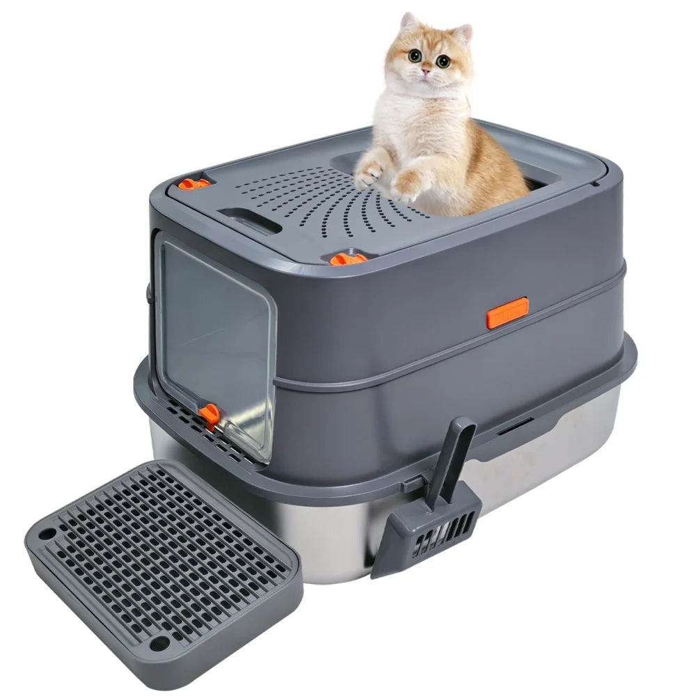 Extra Large Stainless Steel Cat Litter Box Full Enclosed Cat Litter Tray Pan High Sided Enclosure Removable Lid with Scoop