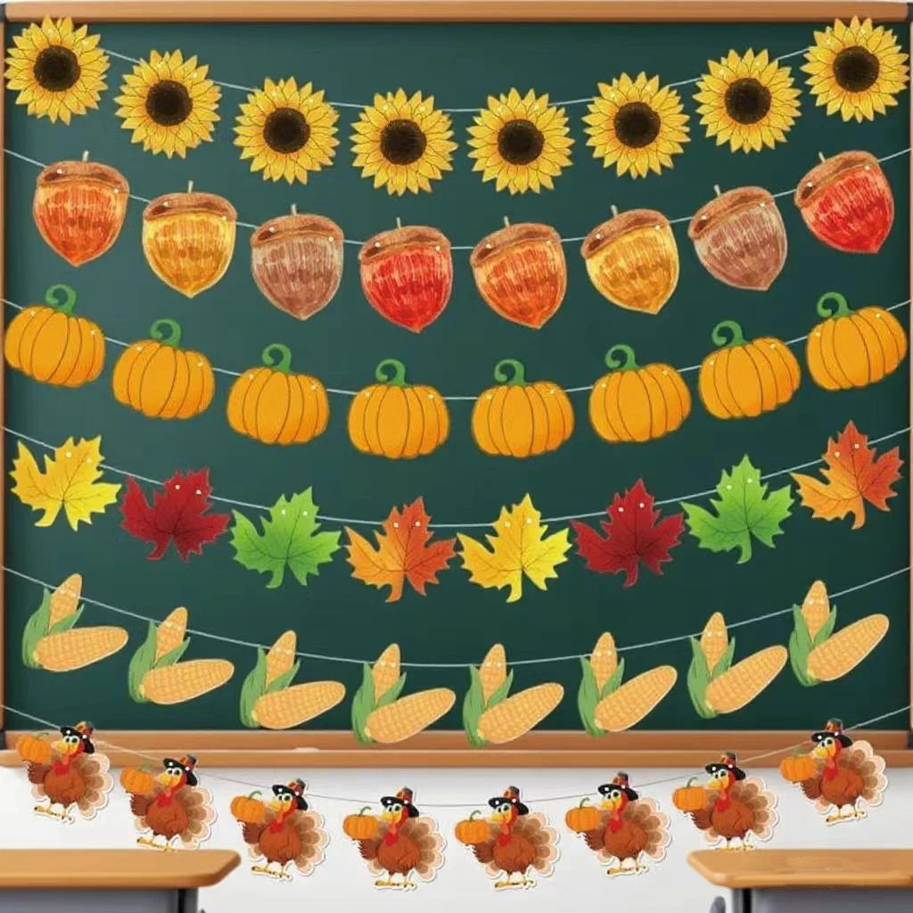 Paper Autumn Theme Flag String Thanksgiving Maple Leaf Pumpkin Banner Letters To Pull Flag Birthday Party Setup Happy Birthday