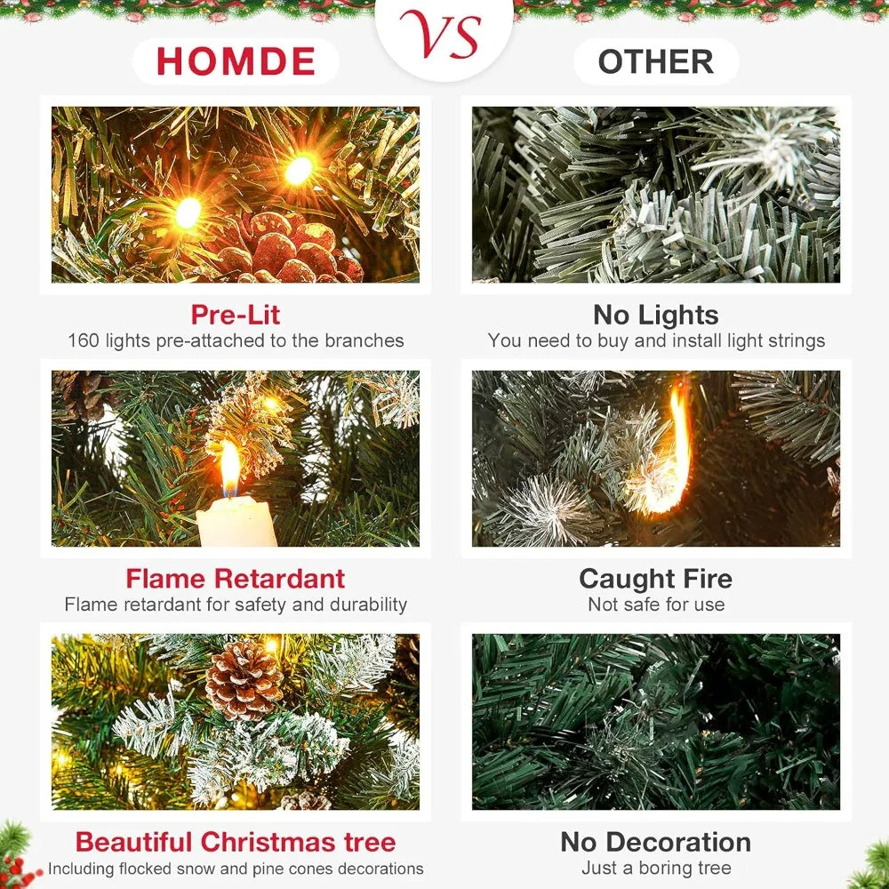 Homde Pencil Christmas Tree 5 Foot Pre-Lit Artificial Christmas Tree Flocked Snow Pine Cone 140 Warm White Light Holiday Decor