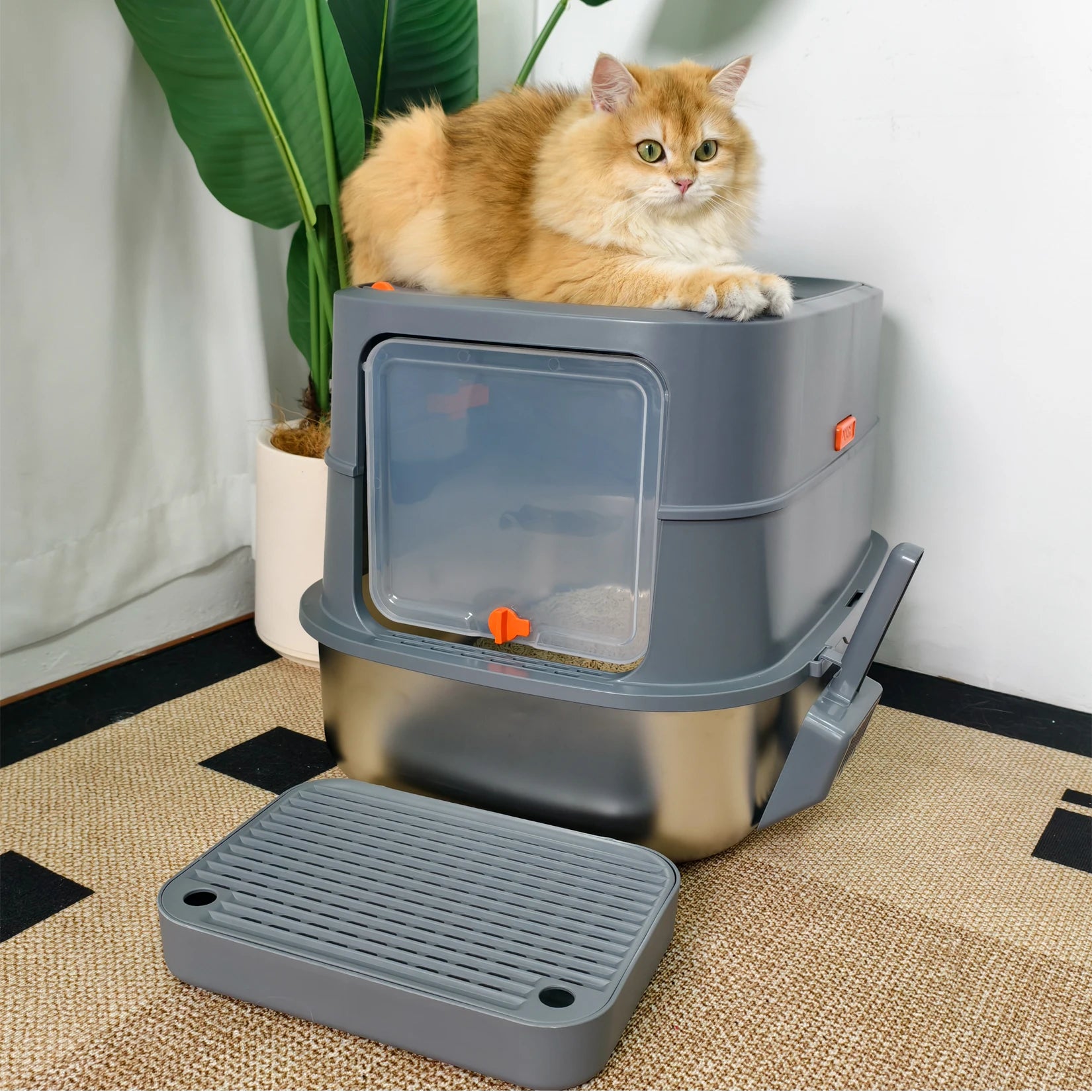 Extra Large Stainless Steel Cat Litter Box Full Enclosed Cat Litter Tray Pan High Sided Enclosure Removable Lid with Scoop