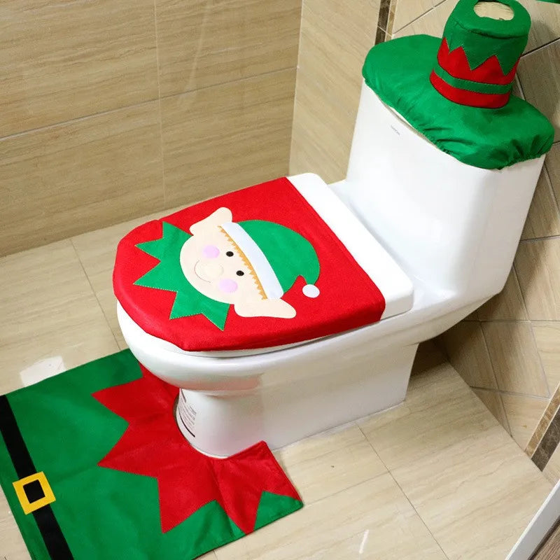 3PCS Christmas Bathroom Decoration Christmas Indoor Home Decor Toilet Set with Toilet Seat Cover,Tank Cover Cover and Rugs Set