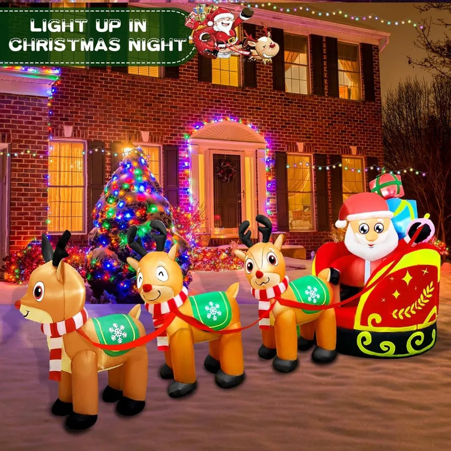 Giant Inflatable Outdoor Decoration Santa Claus on Sleigh with 3 Reindeer Builtin LED Light for Lawn Party Holiday Christmas De