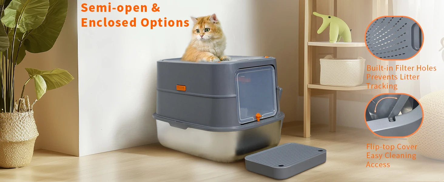 Extra Large Stainless Steel Cat Litter Box Full Enclosed Cat Litter Tray Pan High Sided Enclosure Removable Lid with Scoop