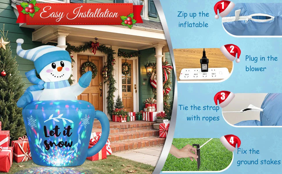 OurWarm 5FT Christmas Inflatable Snowman in Mug,Adorable Blue Snowman Blow Up Awaiting the Snow,for Yard Lawn Winter Inflatables