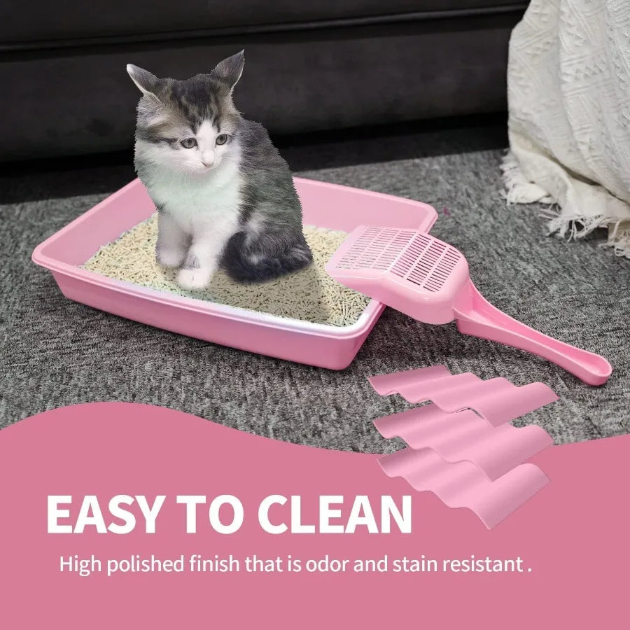 Pink Small Cat Litter Box Set for Kittens with Low Entry Design Includes Plastic Litter Box Scooper Bowls Mouse Toy and Ball To
