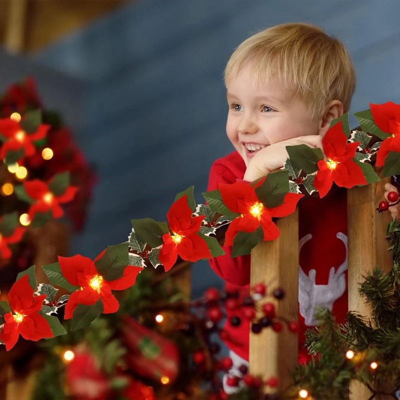 2M10LED Christmas Garland Lighting Strings Artificial Red Flowers Holly Leaves  for Home 2024 Xmas Ornament New Year Gifts 2025