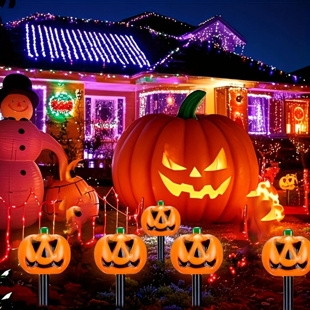 1 set of 5 solar pumpkin lanterns - glowing Halloween grapevines, Day of the Dead magic garden decoration, suitable for graves a