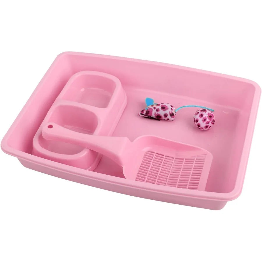 Pink Small Cat Litter Box Set for Kittens with Low Entry Design Includes Plastic Litter Box Scooper Bowls Mouse Toy and Ball To
