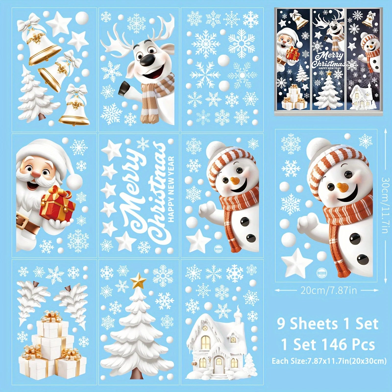 146-Piece Double-Sided Christmas Window Cling Set - Festive Reusable PVC Decorations with Santa, Snowman, Reindeer