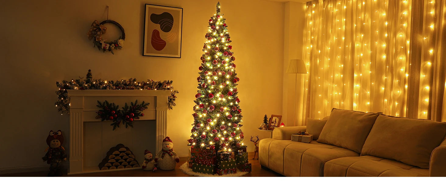 Homde Pencil Christmas Tree 5 Foot Pre-Lit Artificial Christmas Tree Flocked Snow Pine Cone 140 Warm White Light Holiday Decor
