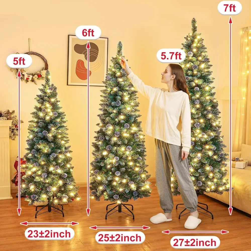 Homde Pencil Christmas Tree 5 Foot Pre-Lit Artificial Christmas Tree Flocked Snow Pine Cone 140 Warm White Light Holiday Decor