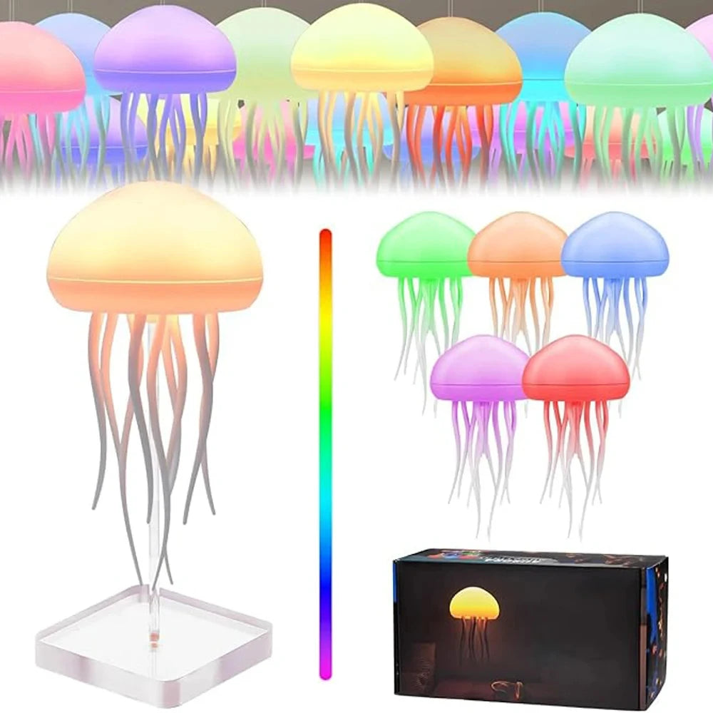 Jellyfish Cartoon LED Nihgt Light Voice Control Gradient Cute Rotating Jellyfish Hanging Bedside Lamp RGB Table Lamps Room Decor