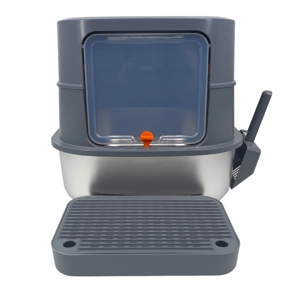 Extra Large Stainless Steel Cat Litter Box Full Enclosed Cat Litter Tray Pan High Sided Enclosure Removable Lid with Scoop