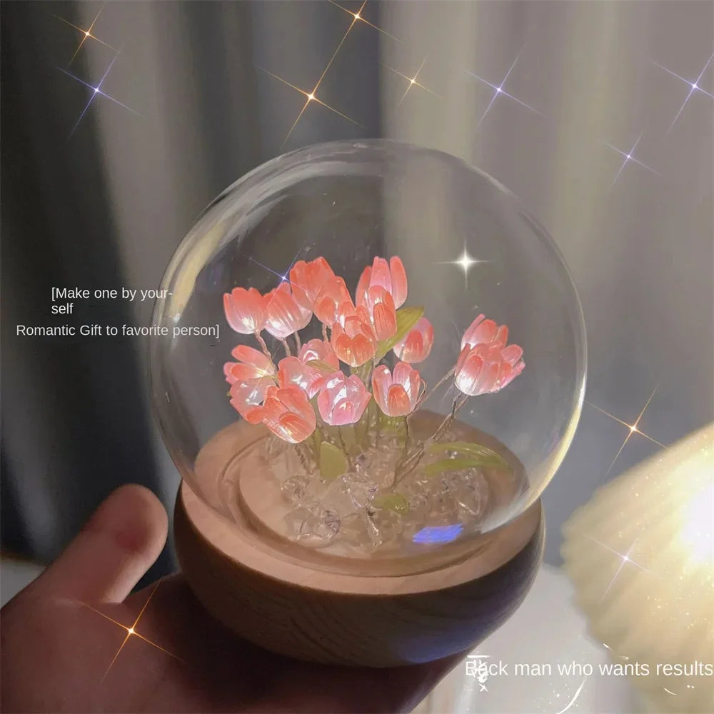 Artificial Tulip Flower Night Light Handmade DIY Bedside Lamp LED Night Lamp Bedroom Decor Christmas Birthday Gifts Table Lamp