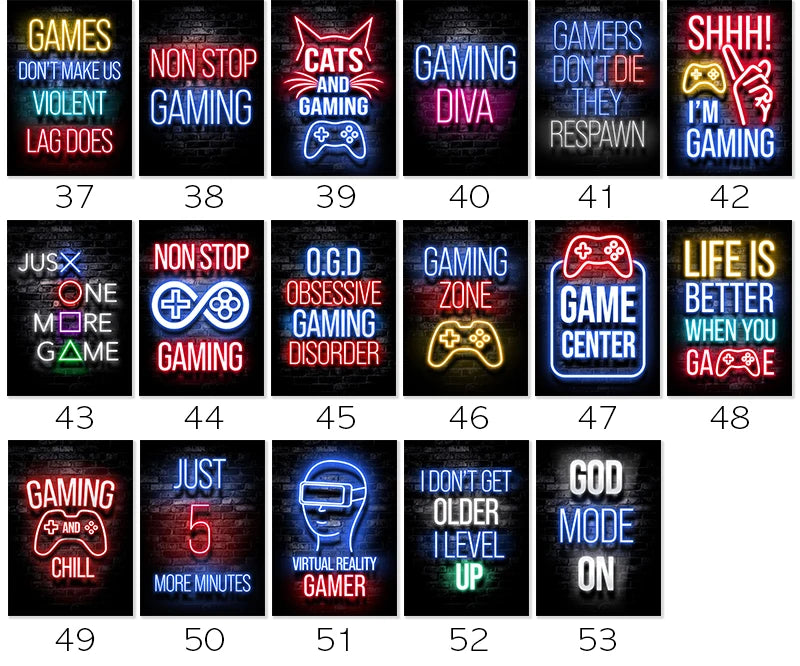 Motivational Neon Effect Game Slogan Pictures Flat Printed on Canvas Wall Posters and Paintings for Game Room Decor Gamers’ Gift