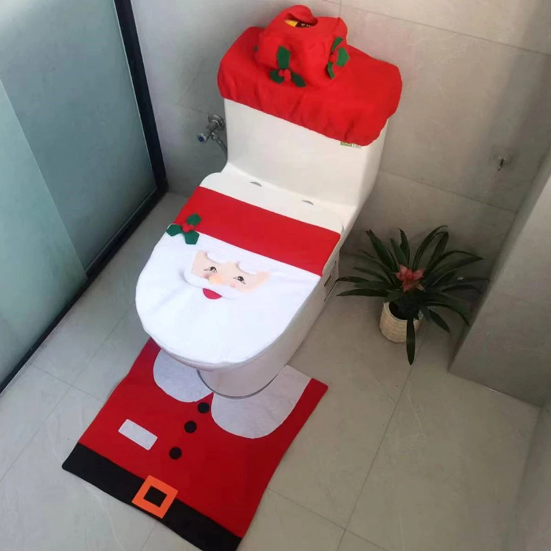 3PCS Christmas Bathroom Decoration Christmas Indoor Home Decor Toilet Set with Toilet Seat Cover,Tank Cover Cover and Rugs Set