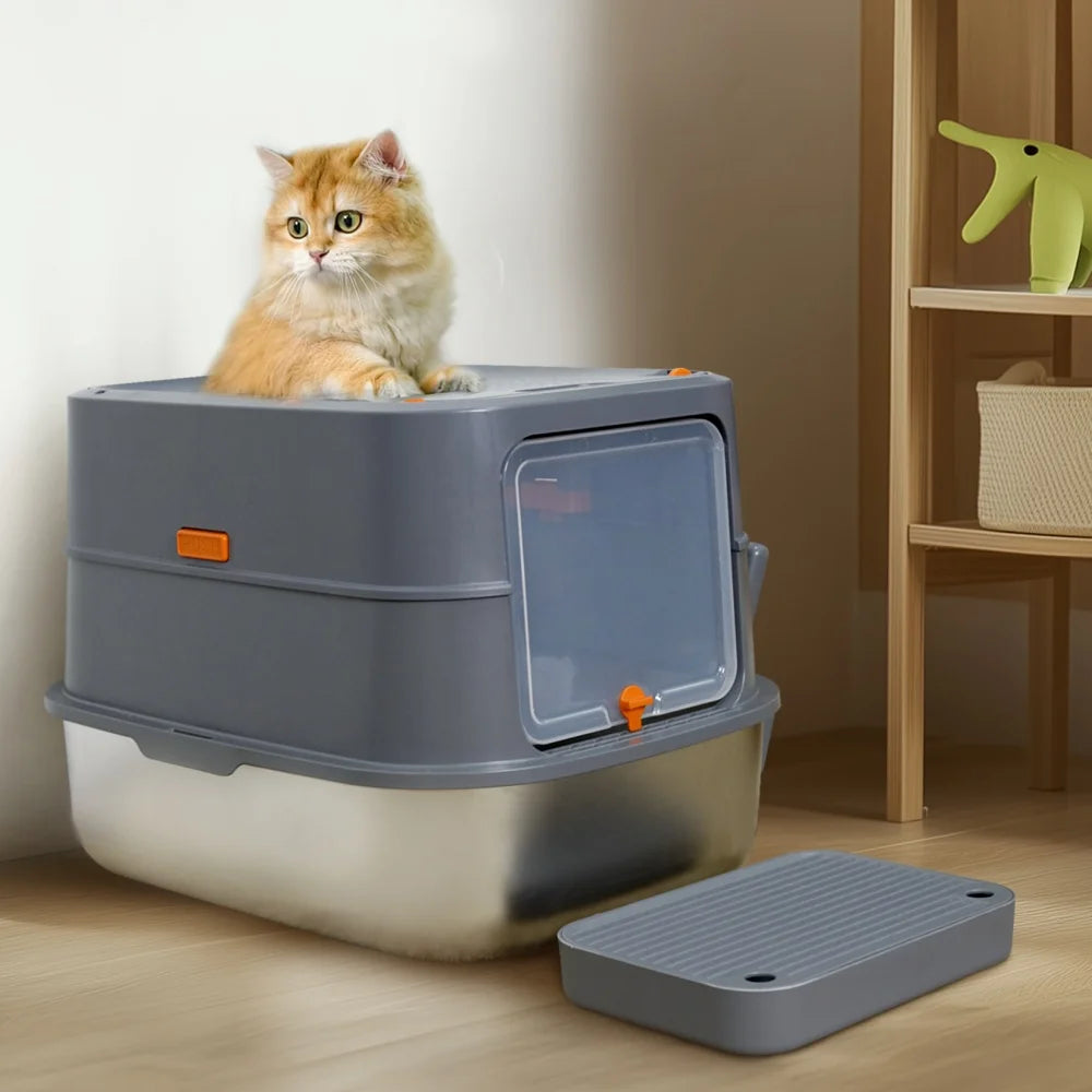 Extra Large Stainless Steel Cat Litter Box Full Enclosed Cat Litter Tray Pan High Sided Enclosure Removable Lid with Scoop