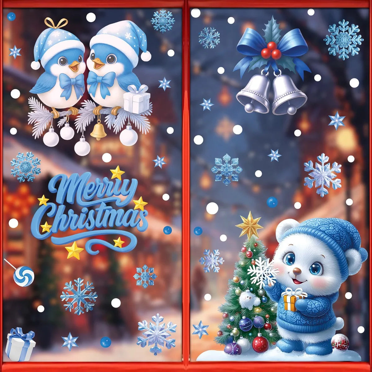 Christmas Decorative Window Stickers Cartoon Santa Snowmen Bells Static Glass Christmas  Decorations for Holiday Party Xmas