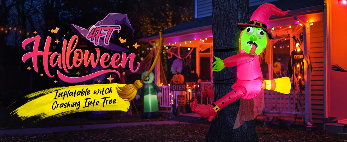 OurWarm Pink 4FT Halloween Inflatables Witch Outdoor Decor, Funny Blow Ups Witch Crashing into Tree,for Tree, Yard, Door, Window