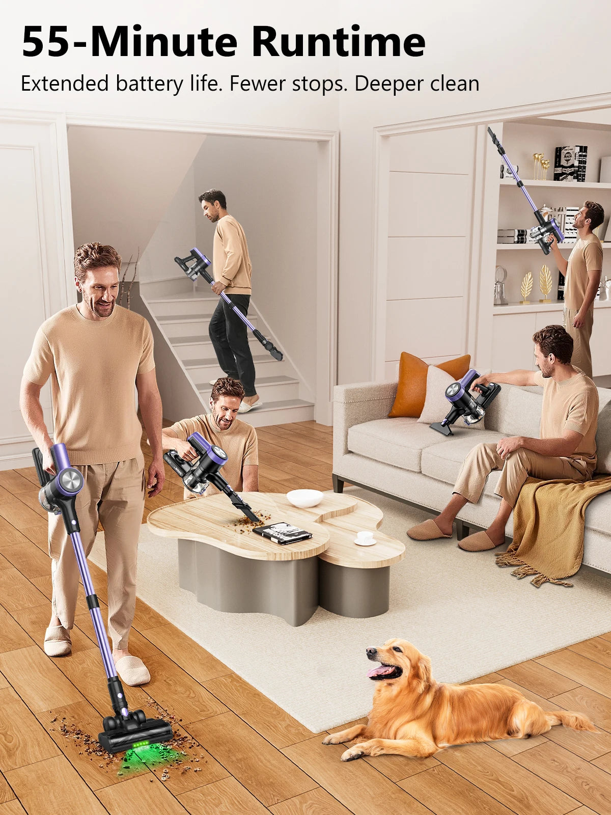 500W/46KPA Self-Standing Cordless Vacuum Cleaner,60 Mins Handheld Vacuum Cleaners,Smart LED Screen Vacuum for Carpet/Pet Hair